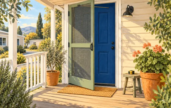 Illustration of a screened entrance on a manufactured home porch.