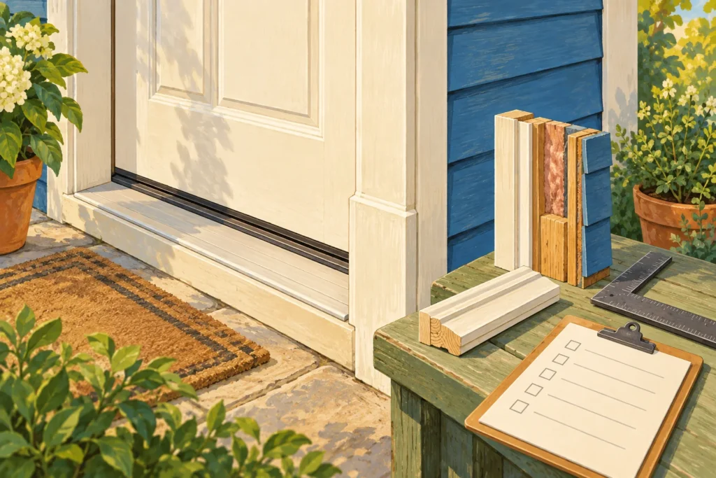 Illustrated door jamb, threshold and separate trim samples.
