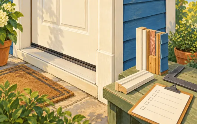 Illustrated door jamb, threshold and separate trim samples.