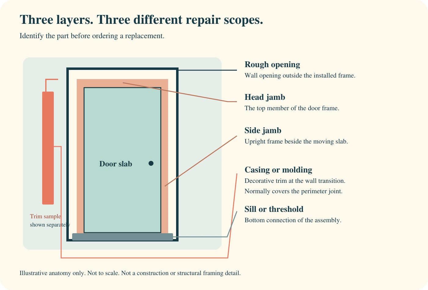 Illustrative doorway showing trim, side jambs, head jamb, slab and sill inside a separate rough opening.