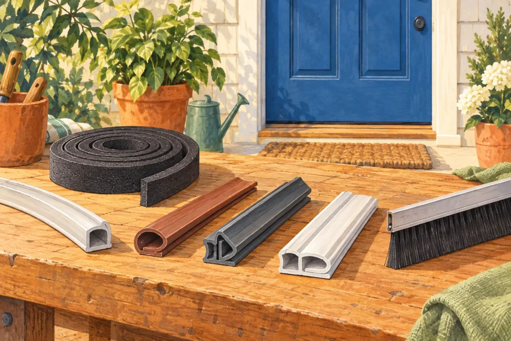 Illustrated weatherstrip profiles and a door sweep displayed separately on a workbench.