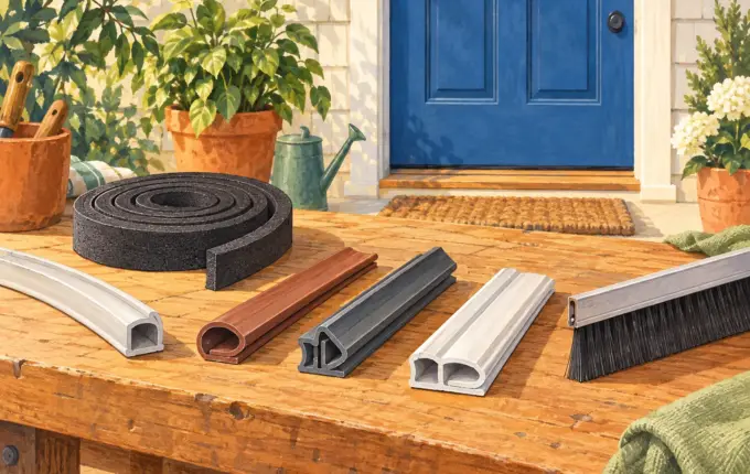 Illustrated weatherstrip profiles and a door sweep displayed separately on a workbench.