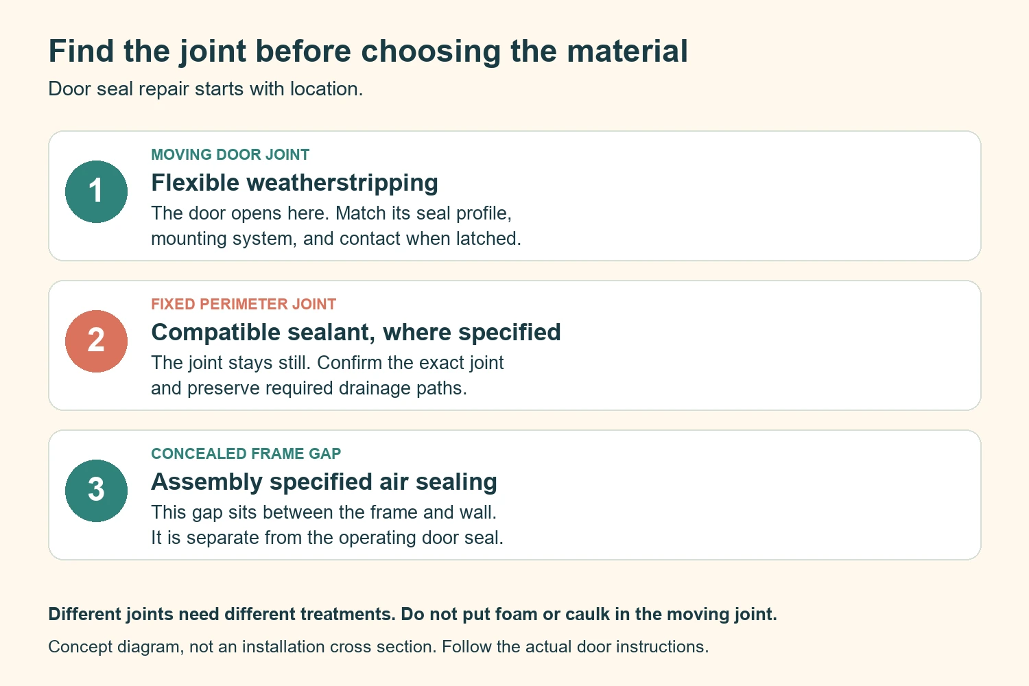 Joint categories distinguish moving door weatherstripping, specified fixed joint sealant, and concealed frame air sealing.