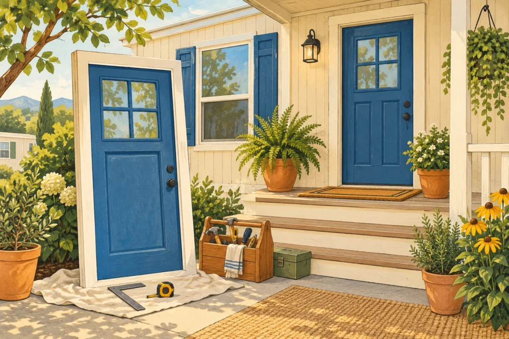 Illustrated replacement door and tools beside an intact home entrance.