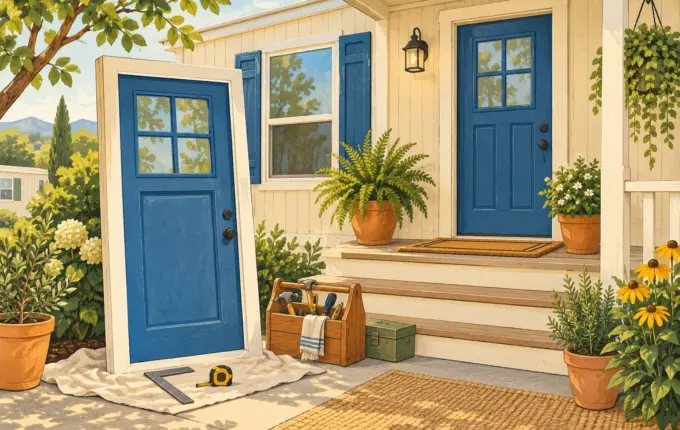 Illustrated replacement door and tools beside an intact home entrance.