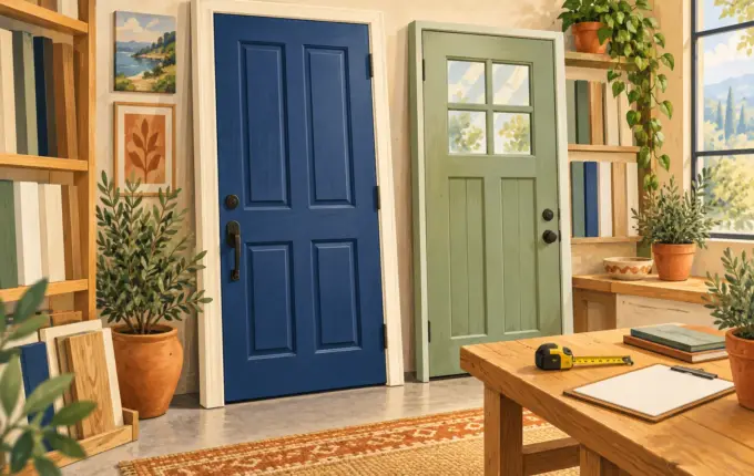 Illustrated framed exterior doors and a blank order sheet for planning a replacement.