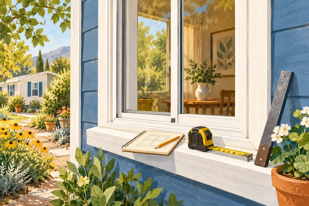 Illustrated window, tape measure and notebook for recording dimensions.