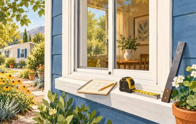 Illustrated window, tape measure and notebook for recording dimensions.