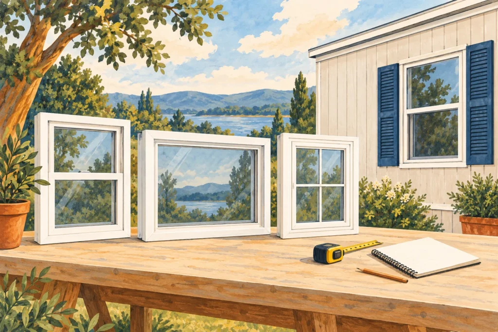Separate residential window units and an order notebook beside a manufactured home.