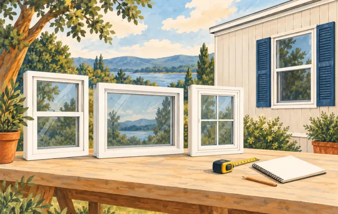 Separate residential window units and an order notebook beside a manufactured home.