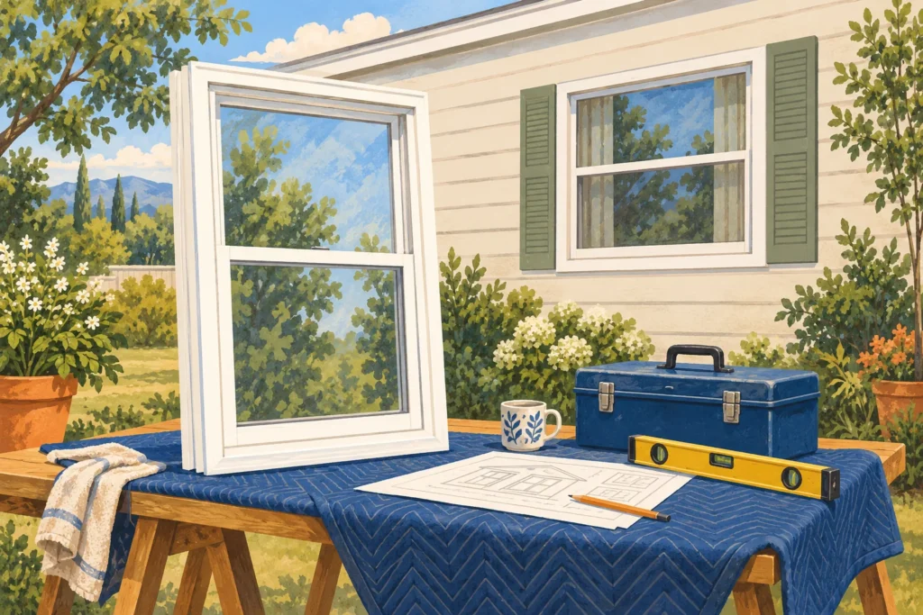Replacement window, level and toolbox prepared beside an intact home opening.