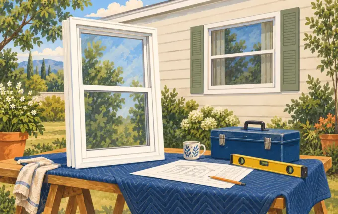 Replacement window, level and toolbox prepared beside an intact home opening.