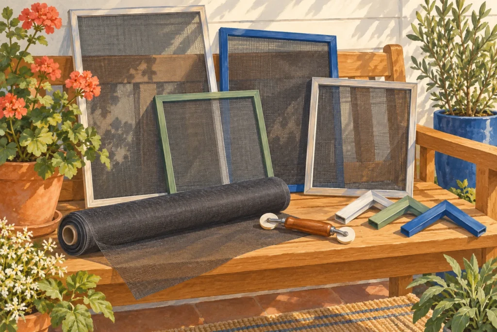 Separate window screens, mesh and frame components on a porch workbench.