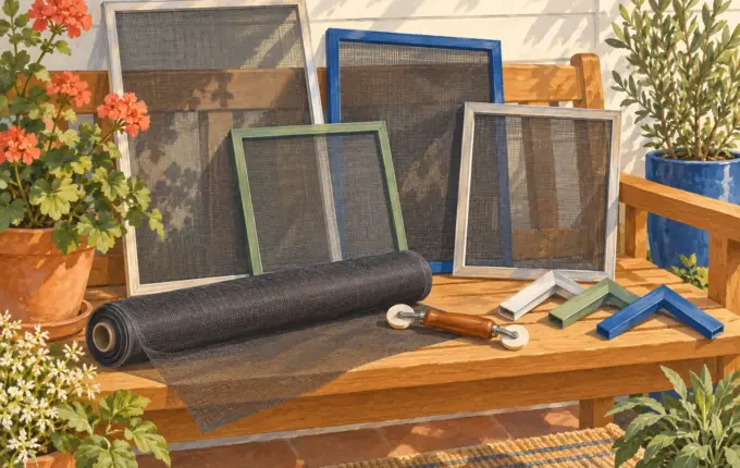 Separate window screens, mesh and frame components on a porch workbench.