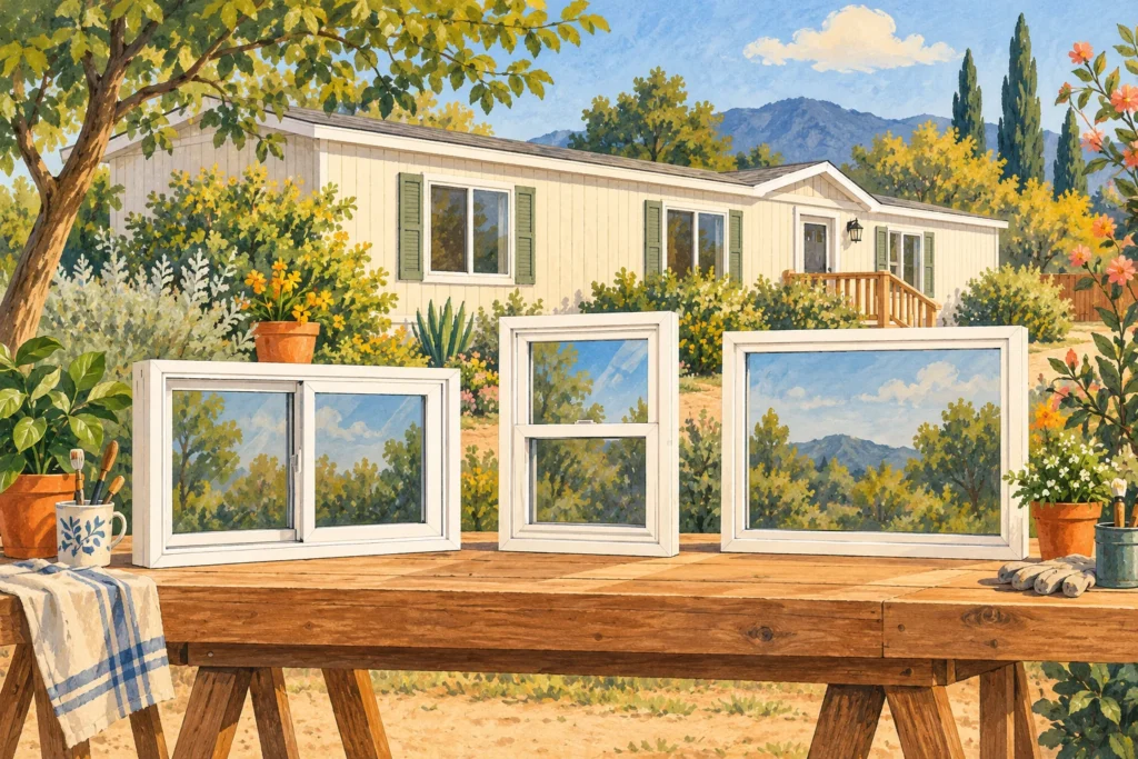 Illustration of several residential window styles in front of a manufactured home.