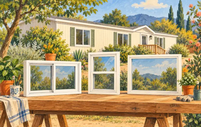 Illustration of several residential window styles in front of a manufactured home.