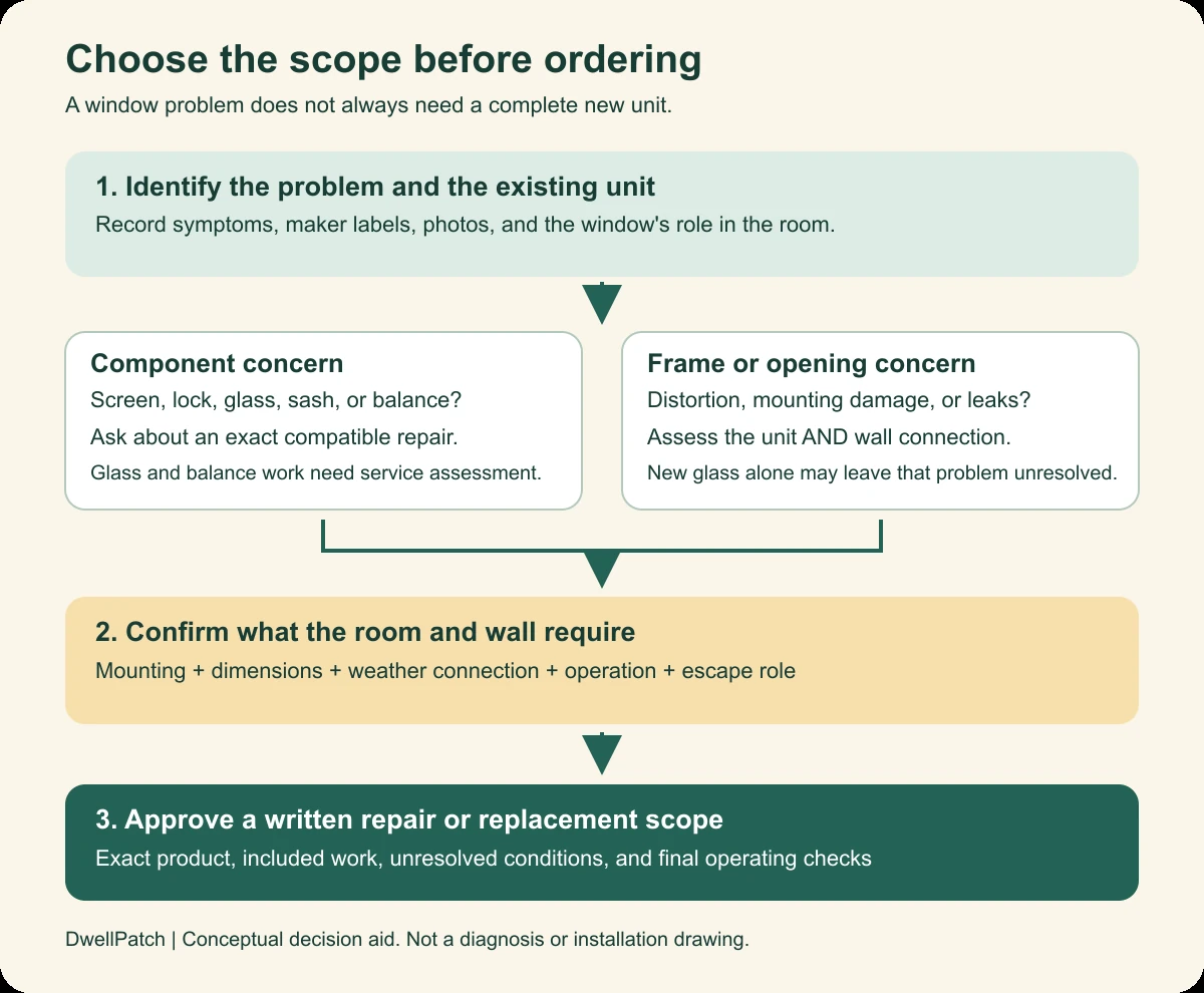 Decision map: identify the failed window part, assess the frame and wall, then approve a documented repair or replacement.