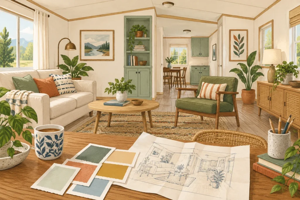 Illustration of a room with intact finishes and remodeling samples