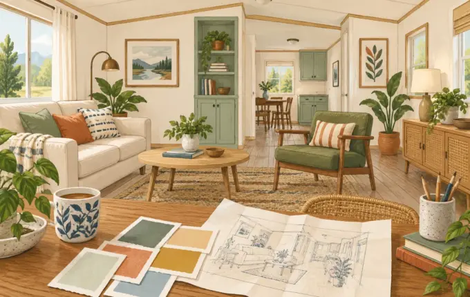 Illustration of a room with intact finishes and remodeling samples