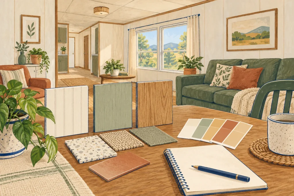 Illustration of a manufactured home room and separate wall finish samples