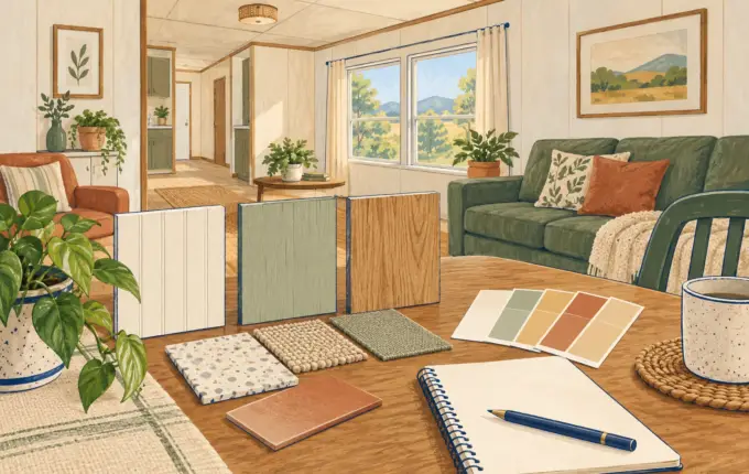 Illustration of a manufactured home room and separate wall finish samples