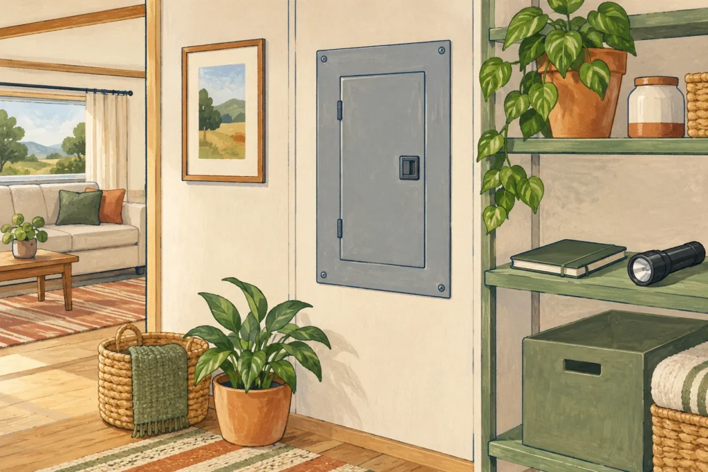 Illustration of a closed electrical panel beside an owner planning notebook