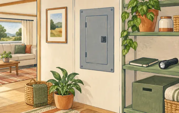 Illustration of a closed electrical panel beside an owner planning notebook