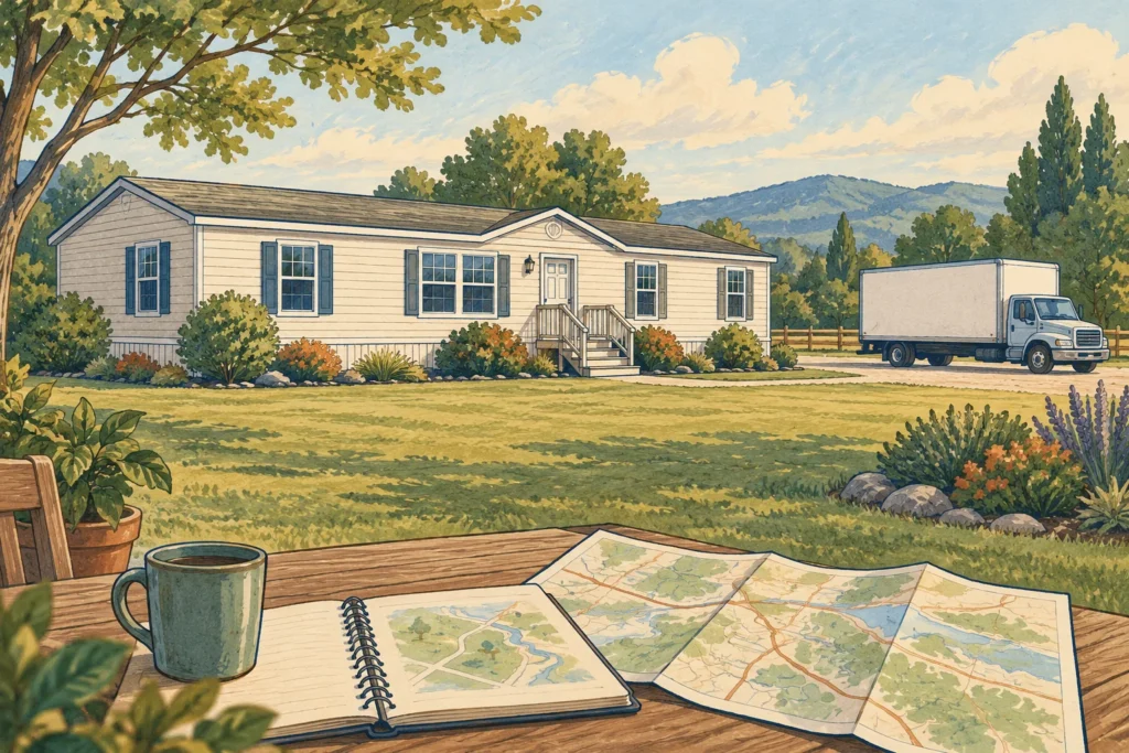 Illustration of a manufactured home, distant moving truck and planning materials