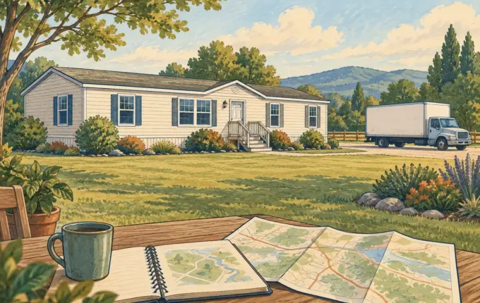 Illustration of a manufactured home, distant moving truck and planning materials