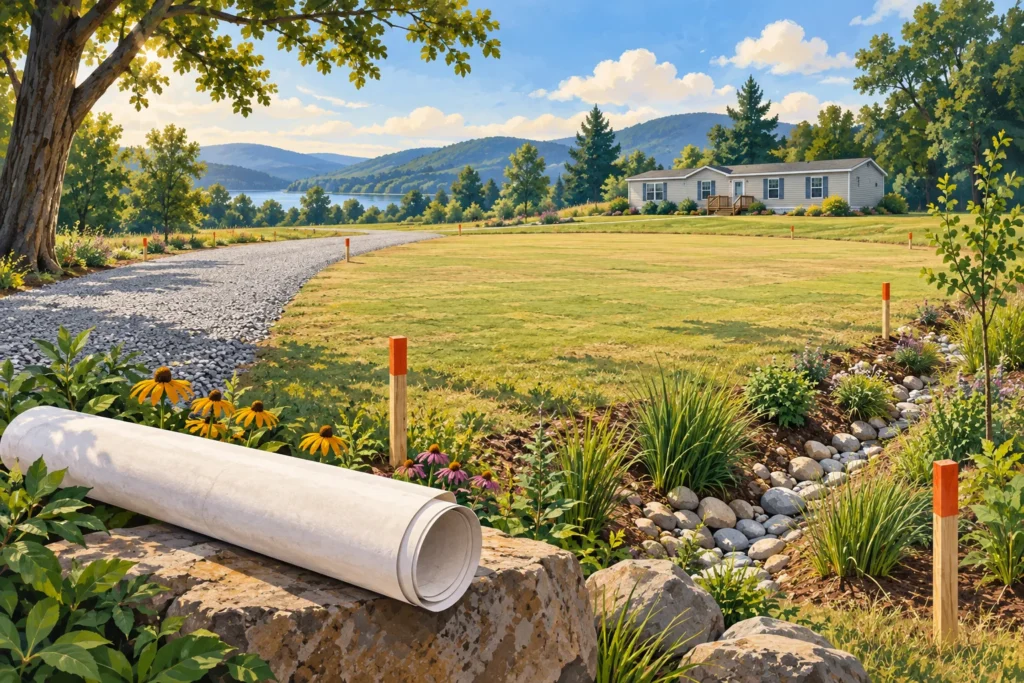 Illustration of a prepared home site, access lane and unmarked site plan