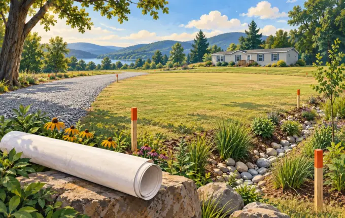 Illustration of a prepared home site, access lane and unmarked site plan