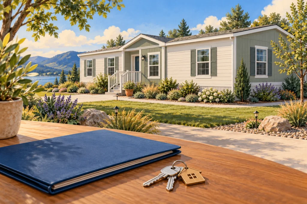 Illustration of a completed manufactured home with a document folder and keys