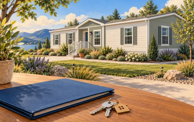 Illustration of a completed manufactured home with a document folder and keys