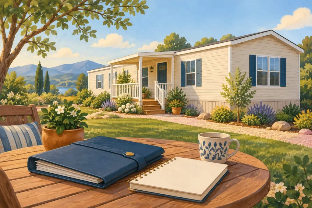 Illustration of an intact manufactured home with a homeowner records folder and notebook