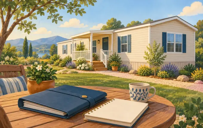 Illustration of an intact manufactured home with a homeowner records folder and notebook