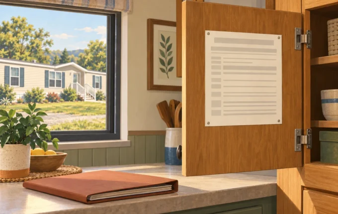 Editorial illustration of a home information sheet inside a cabinet and a records folder