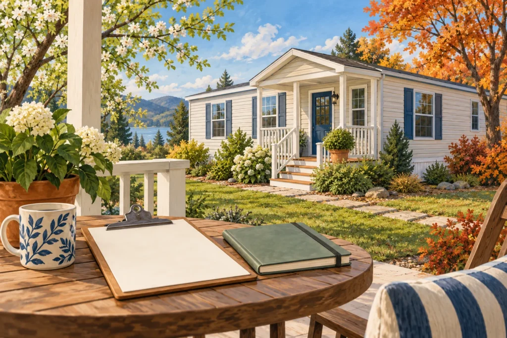 Illustration of a manufactured home with seasonal foliage and maintenance notebook