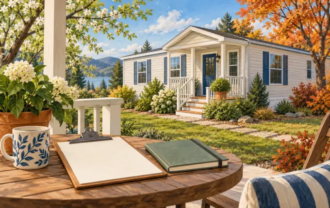 Illustration of a manufactured home with seasonal foliage and maintenance notebook
