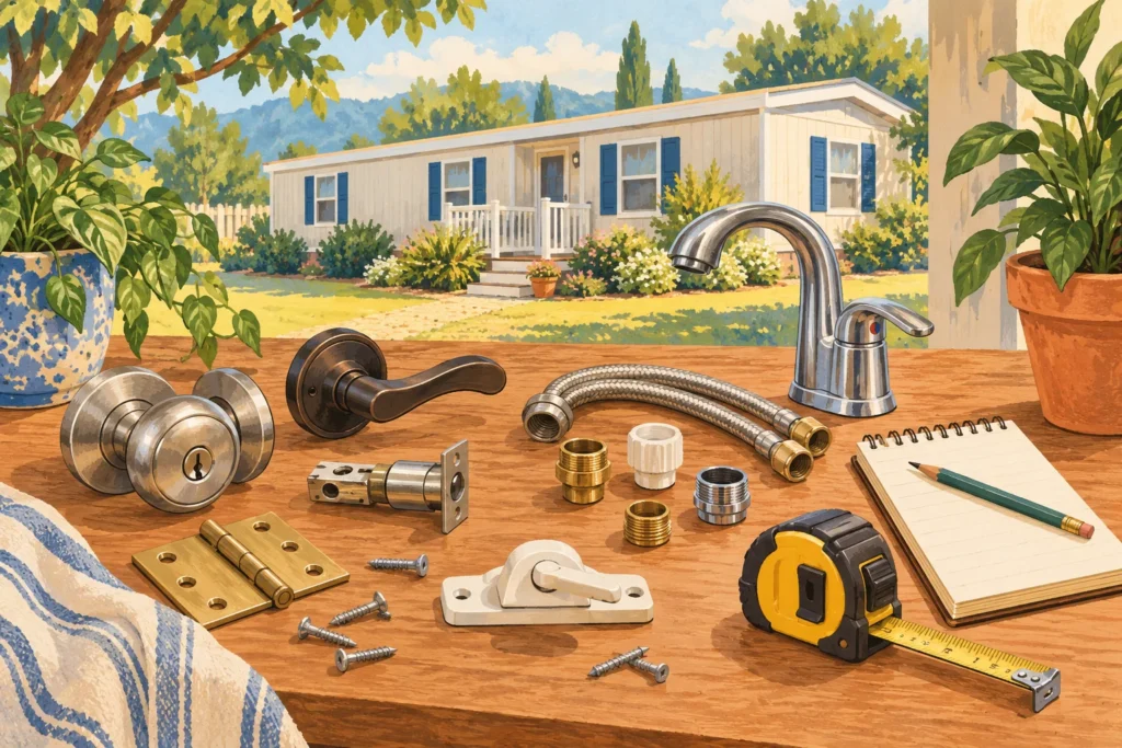 Illustrated door hardware, faucet connections and measuring tools beside a manufactured home.