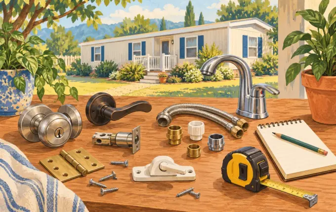 Illustrated door hardware, faucet connections and measuring tools beside a manufactured home.