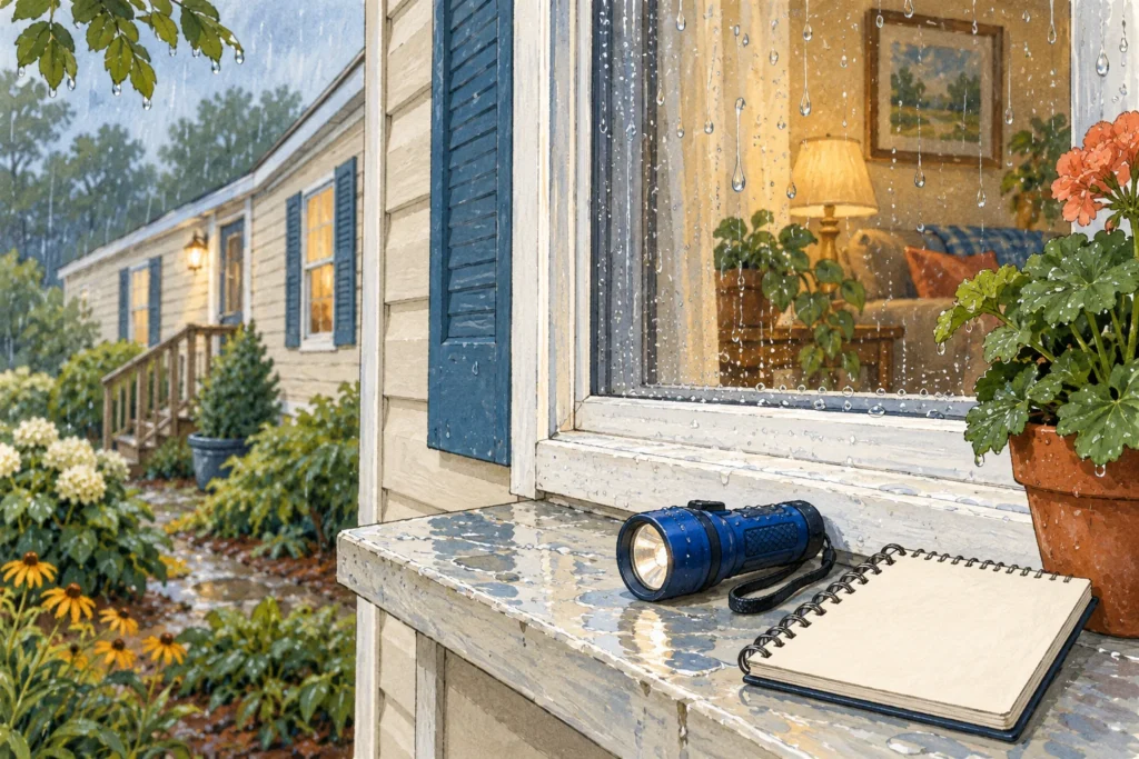 Illustrated manufactured home window in rain beside an inspection notebook.