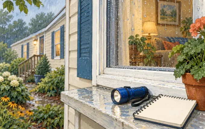 Illustrated manufactured home window in rain beside an inspection notebook.