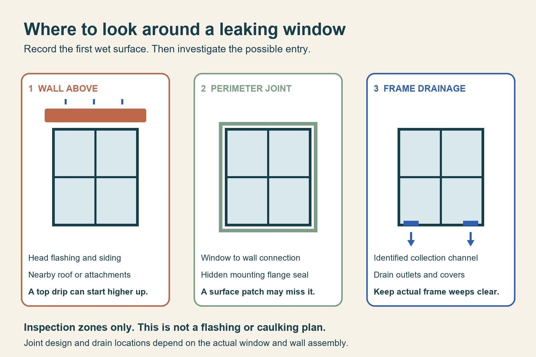 Three separate inspection zones around a window: wall above, perimeter connection and frame drainage.