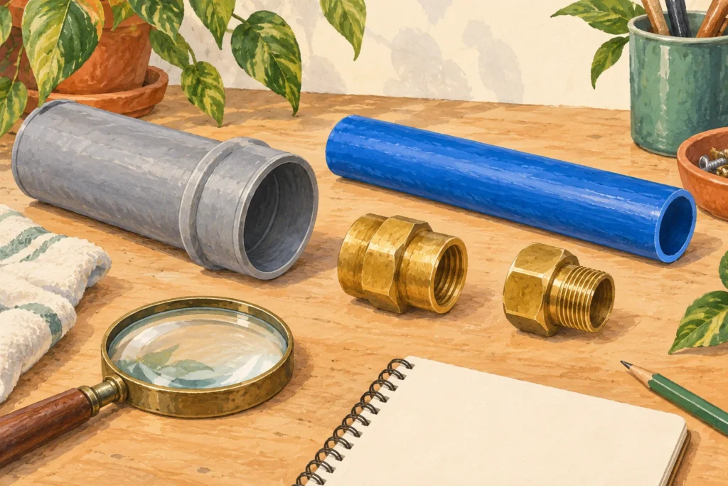 Separate legacy pipe, modern tubing and transition coupling samples.