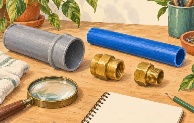 Separate legacy pipe, modern tubing and transition coupling samples.